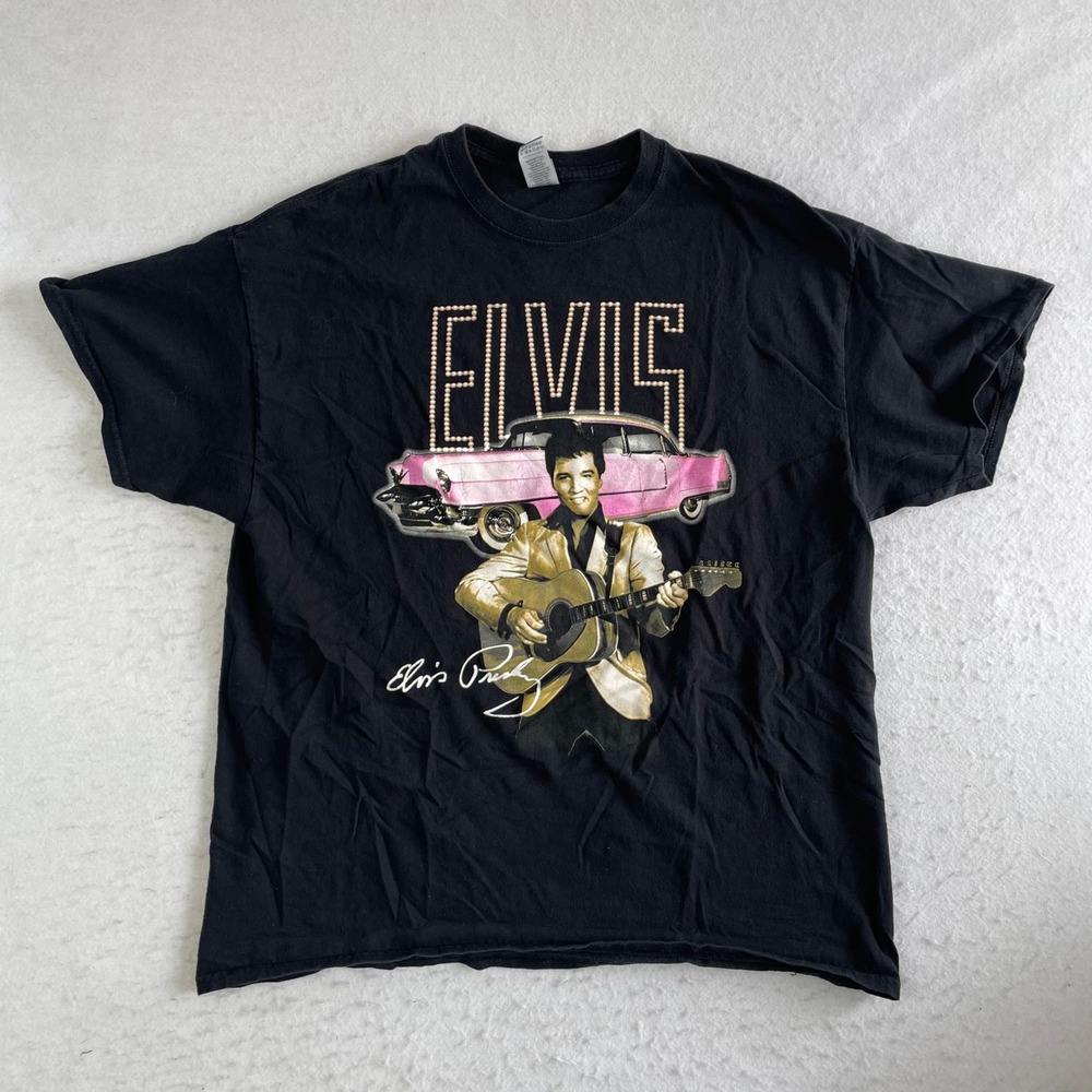 Gildan Elvis Presley Graphic T-Shirt Mens XL Black Pink Cadillac Rock N Roll Tee